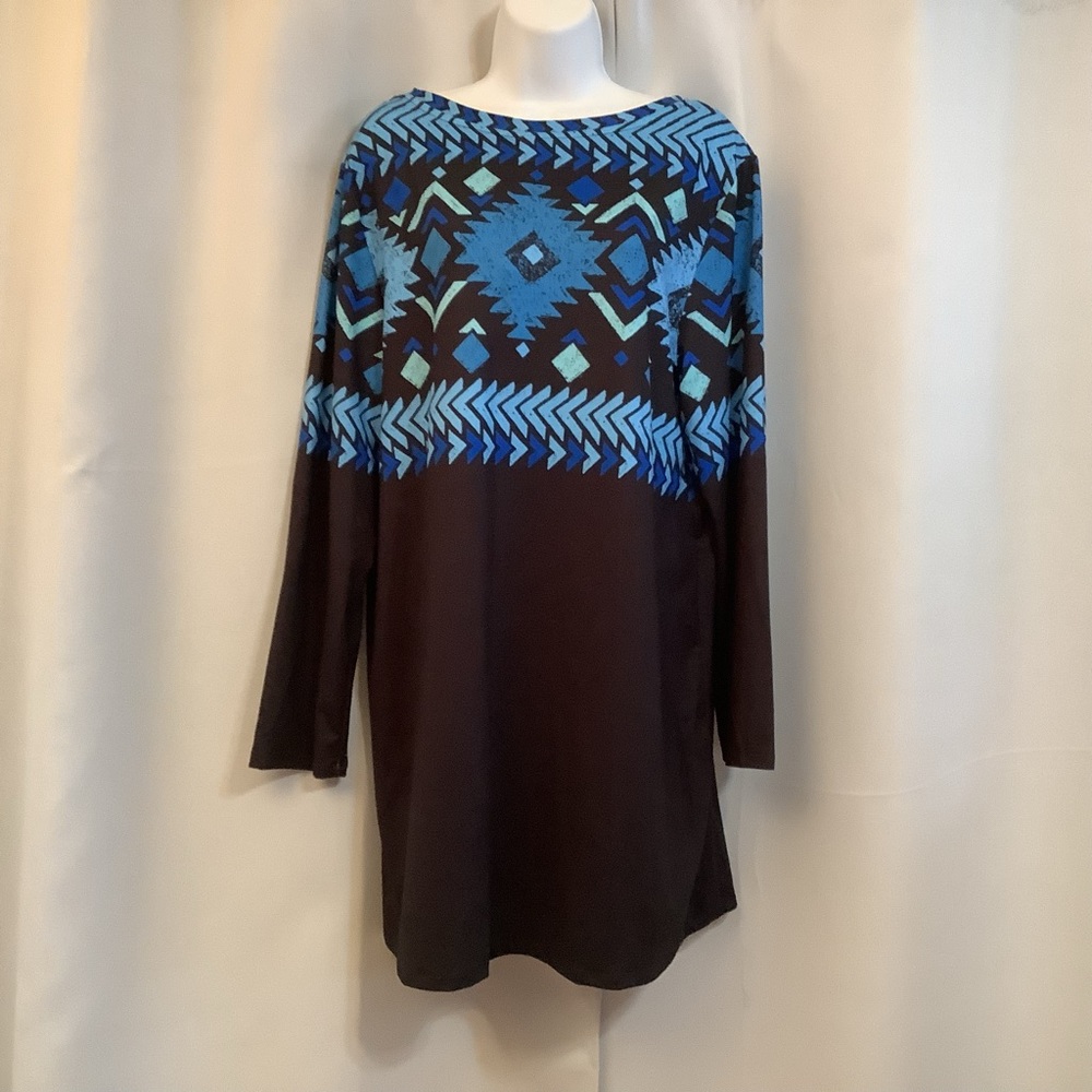 NANU Tunic Women’s 1X Long Sleeve Abstract Pattern Black/Blue